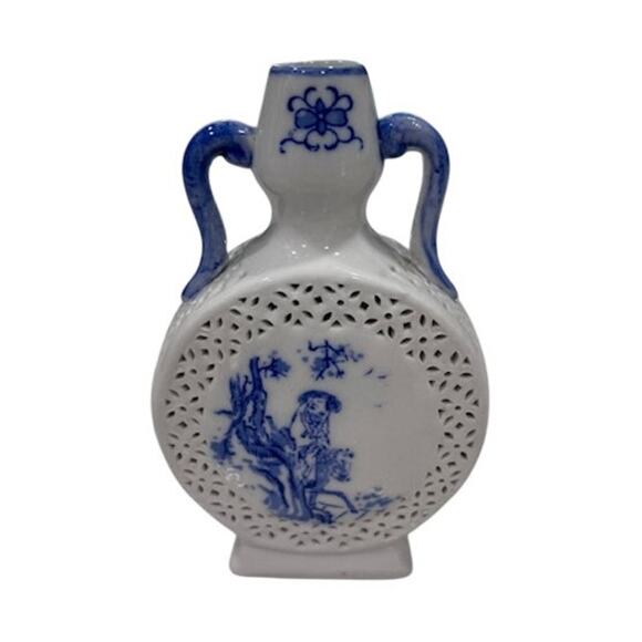 Vintage Chinese Small Porcelain Reticulated Blue & White Handmade Vase - 4.5" - Picture 1 of 6